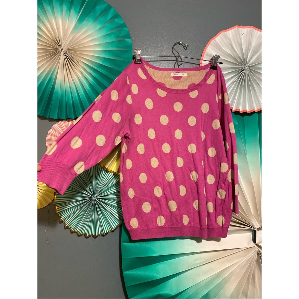 pink and tan polka dot sweater